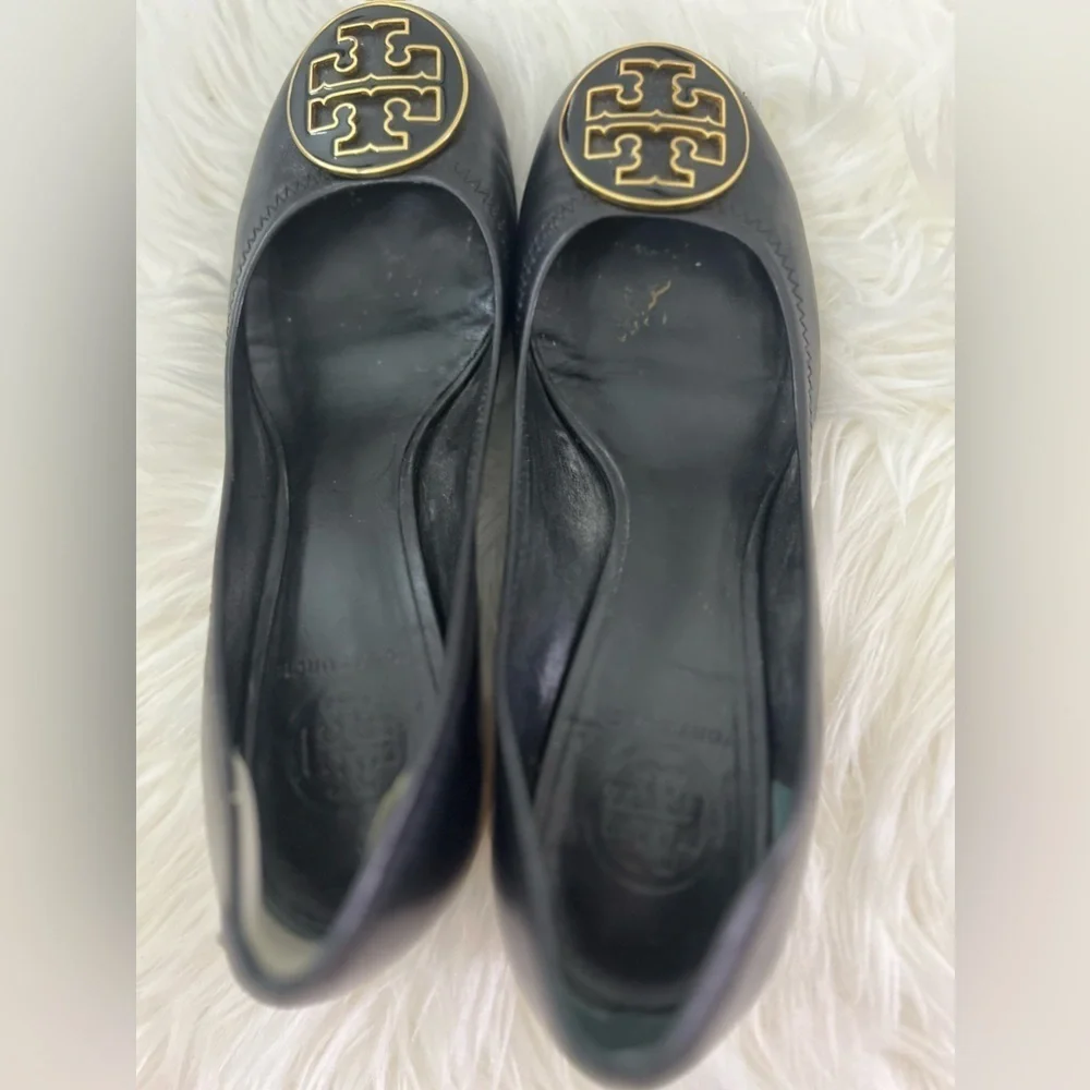 Tory Burch Black Leather Logo Ballet Flats with Gold Emblem